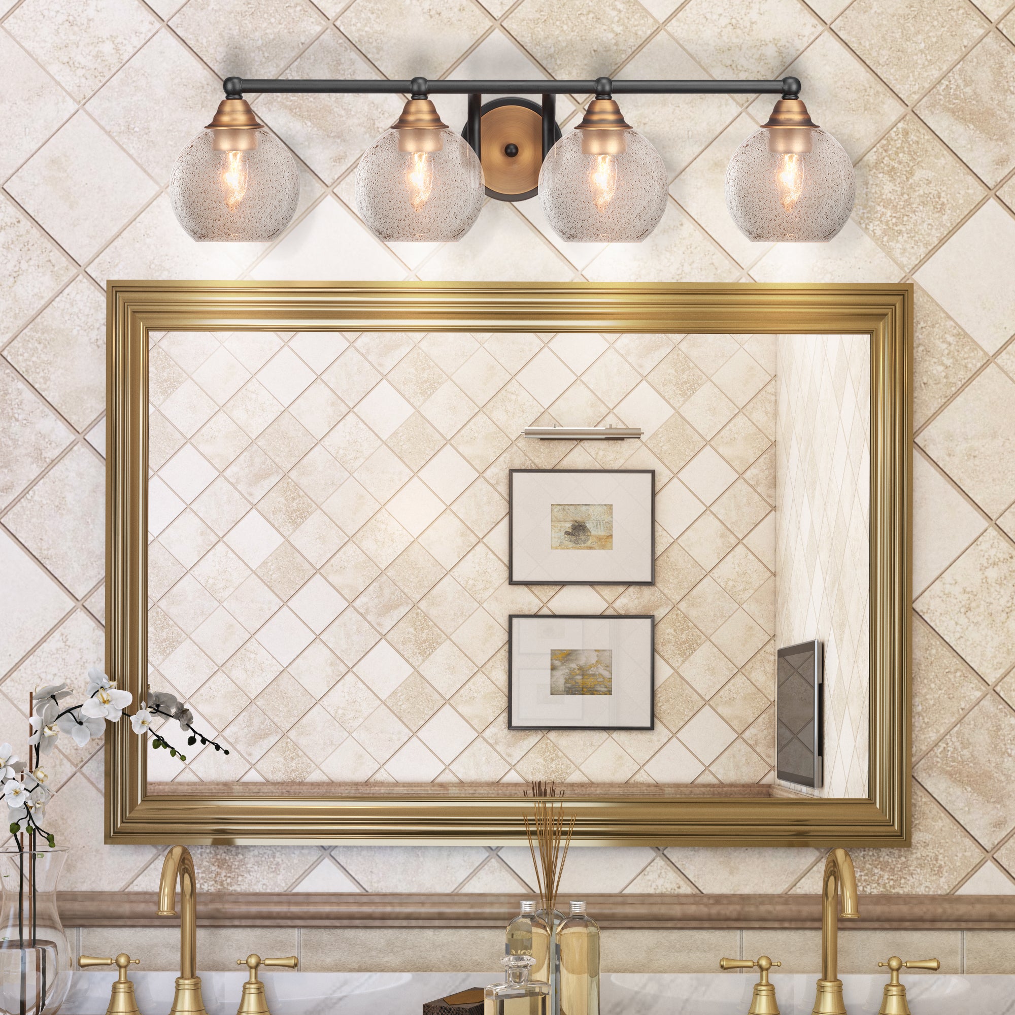 Paramount Four Light Bath Bar in Matte Black & Brass with 5.75" Smoke Bubble Shade