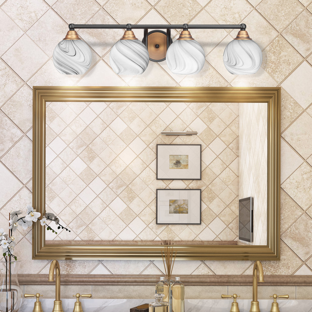 Paramount Four Light Bath Bar in Matte Black & Brass with 5.75" Onyx Swirl Shade