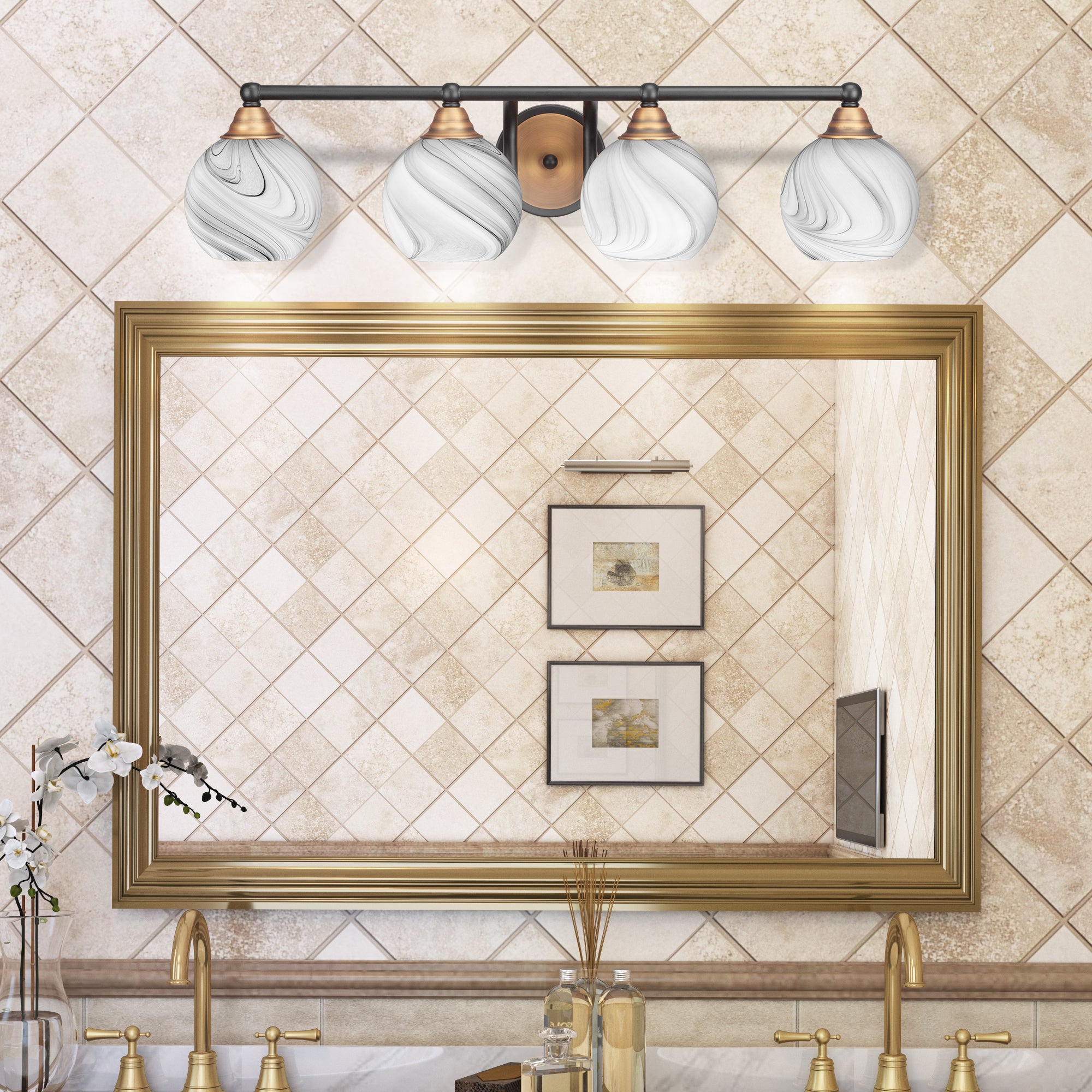 Paramount Four Light Bath Bar in Matte Black & Brass with 5.75" Onyx Swirl Shade