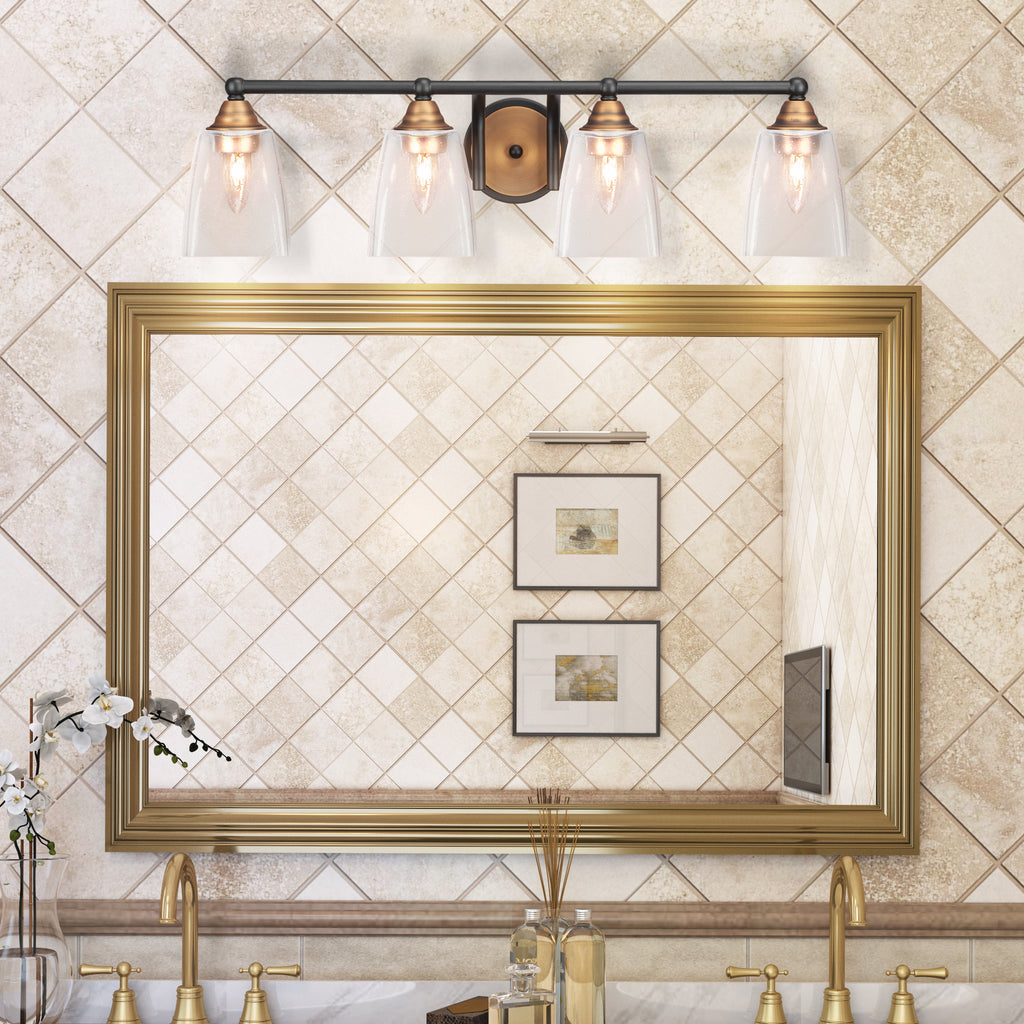 Paramount Four Light Bath Bar in Matte Black & Brass with 4.5" Square Clear Bubble Shade