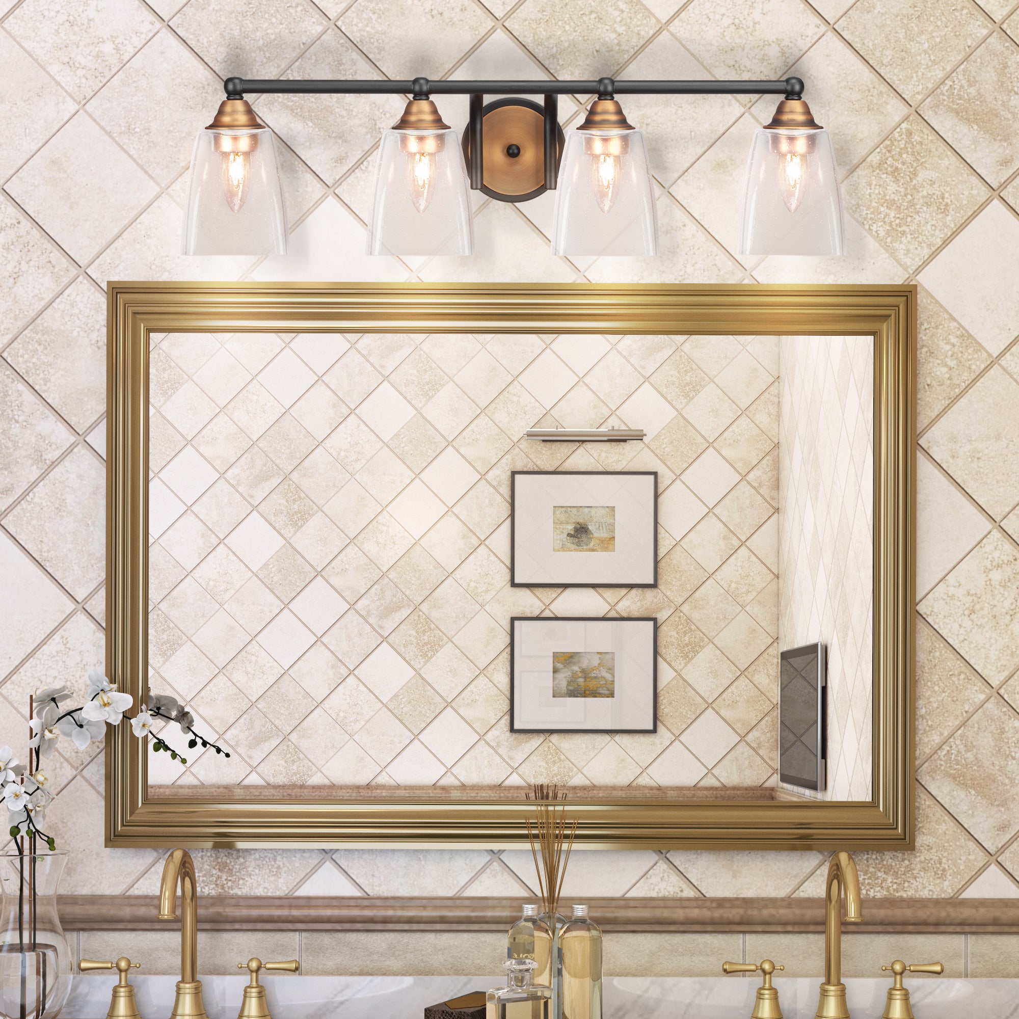 Paramount Four Light Bath Bar in Matte Black & Brass with 4.5" Square Clear Bubble Shade