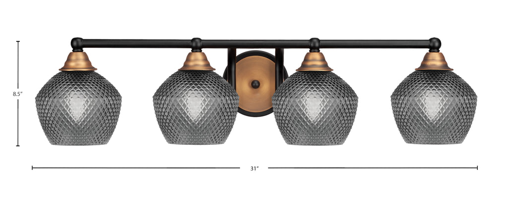 Paramount Four Light Bath Bar in Matte Black & Brass with 6" Smoke Textured Shade