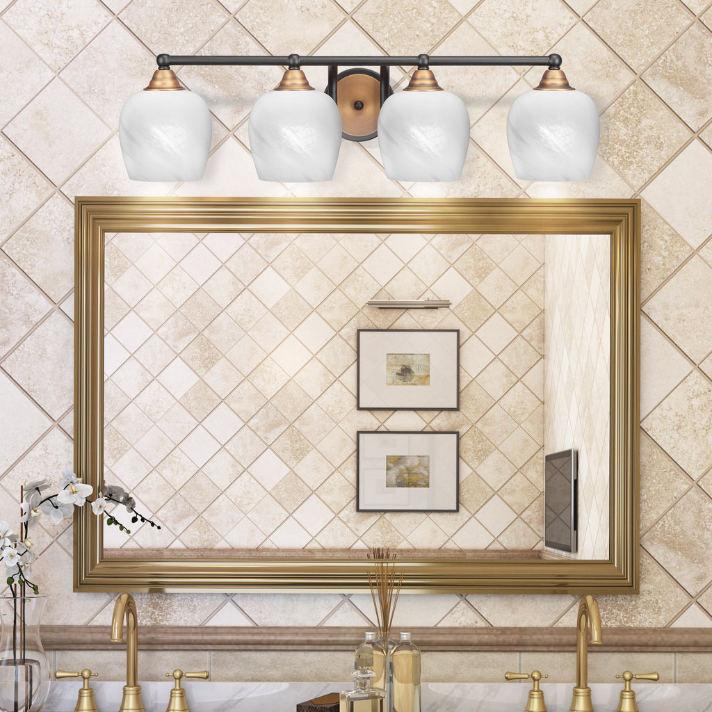 Paramount Four Light Bath Bar in Matte Black & Brass with 6" White Marble Shade