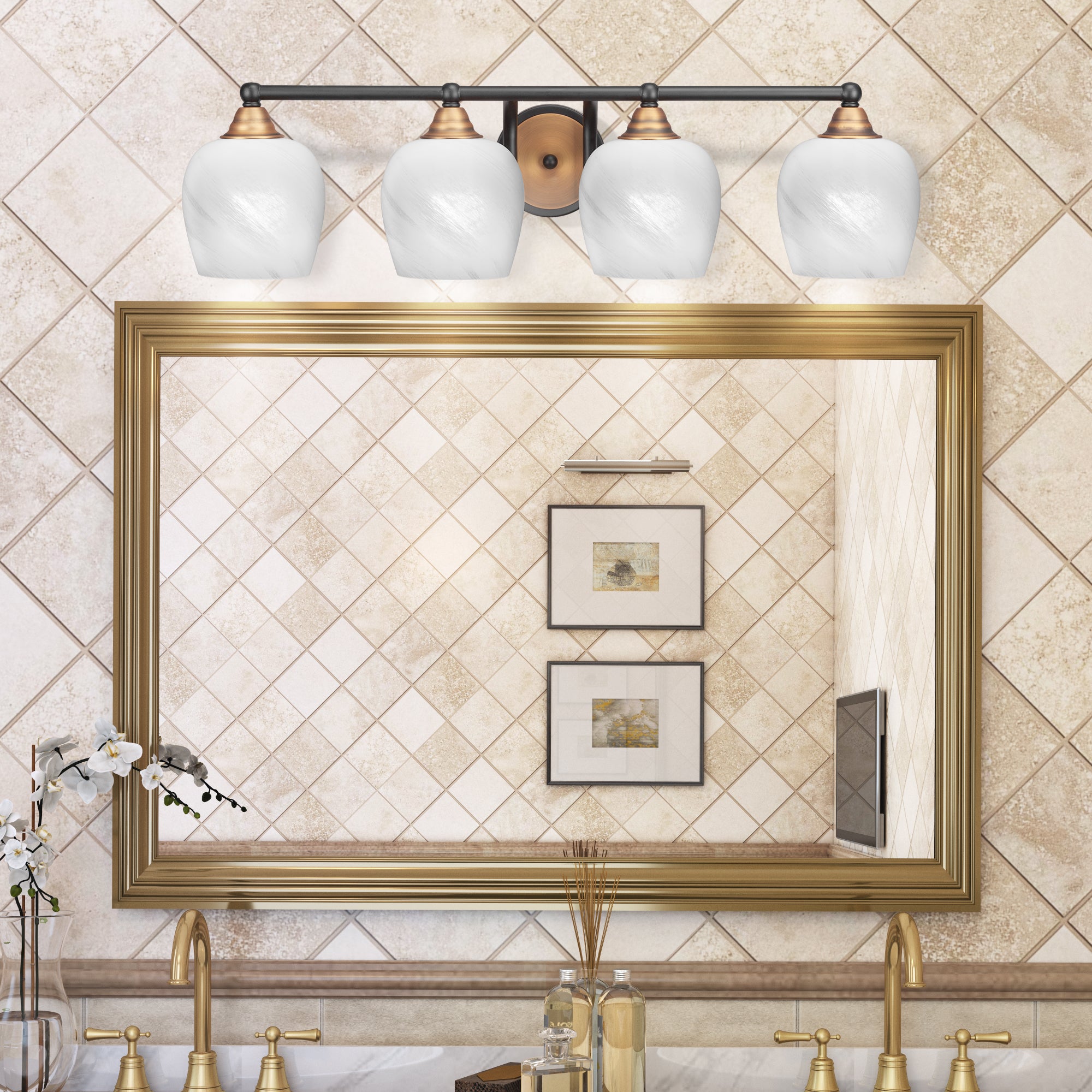 Paramount Four Light Bath Bar in Matte Black & Brass with 6" White Marble Shade