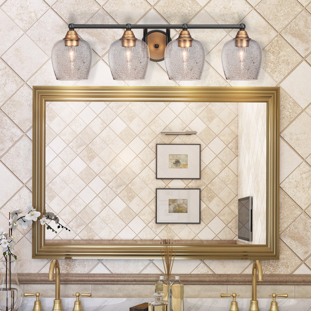 Paramount Four Light Bath Bar in Matte Black & Brass with 6" Smoke Bubble Shade