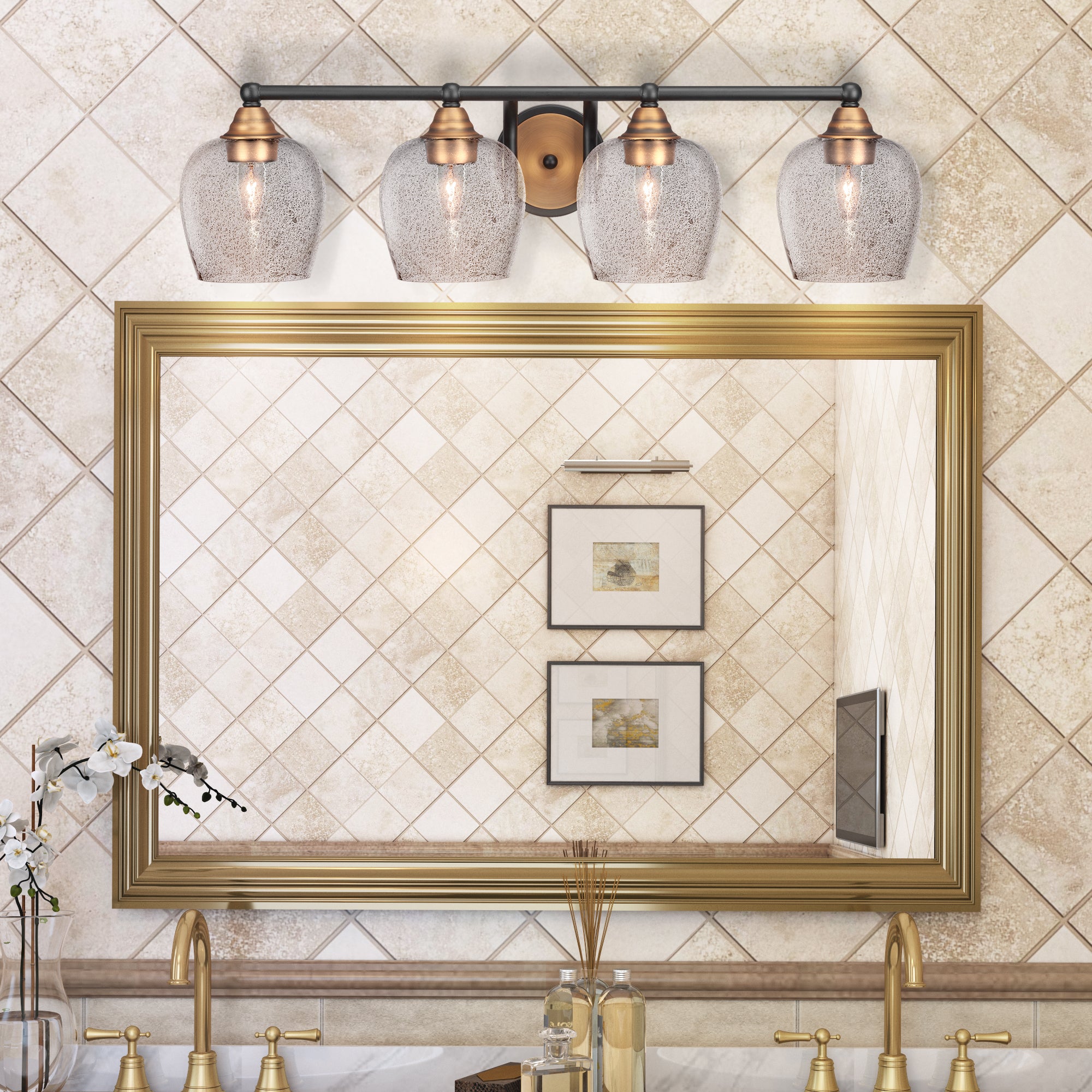 Paramount Four Light Bath Bar in Matte Black & Brass with 6" Smoke Bubble Shade