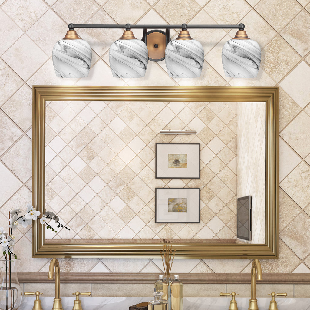 Paramount Four Light Bath Bar in Matte Black & Brass with 6" Onyx Swirl Shade