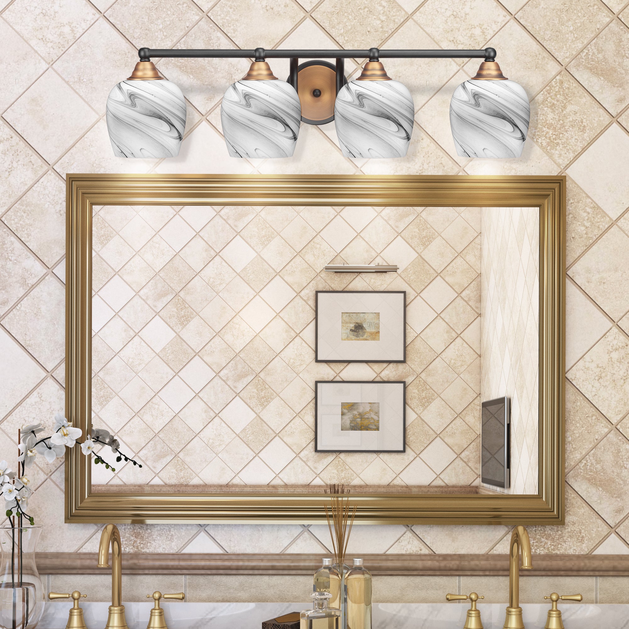 Paramount Four Light Bath Bar in Matte Black & Brass with 6" Onyx Swirl Shade