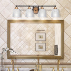 Paramount Four Light Bath Bar in Matte Black & Brass with 5" Clear Ribbed Shade
