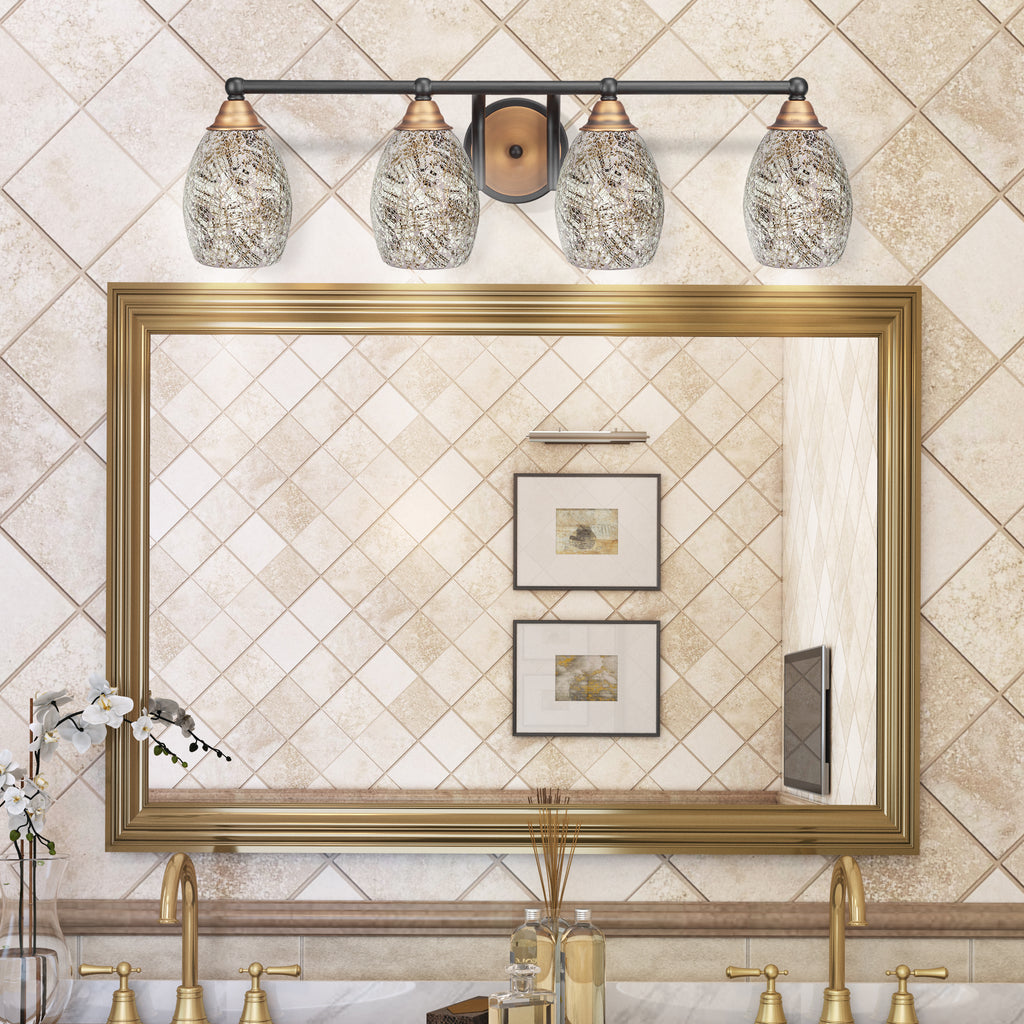 Paramount Four Light Bath Bar in Matte Black & Brass with 5" Natural Fusion Shade