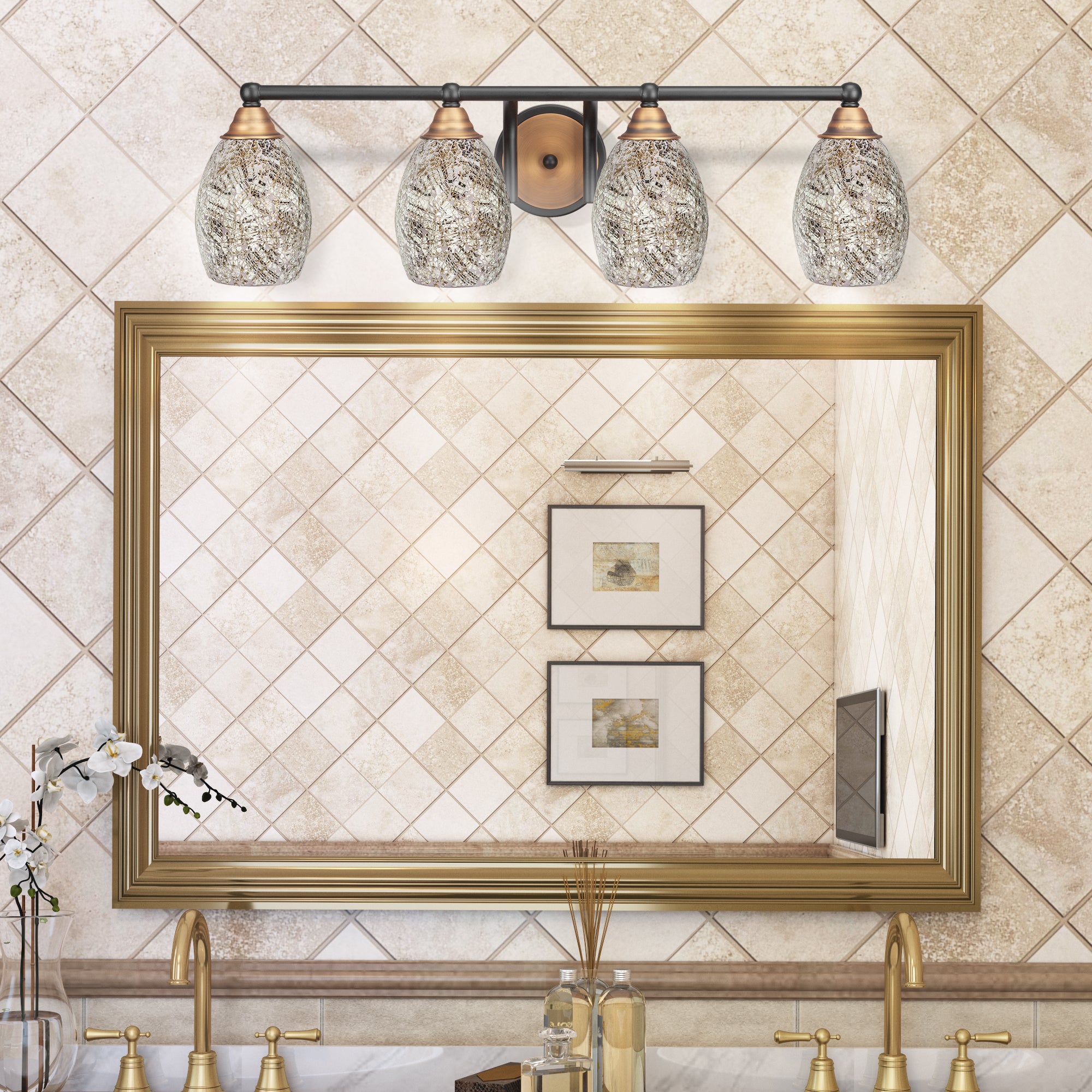 Paramount Four Light Bath Bar in Matte Black & Brass with 5" Natural Fusion Shade