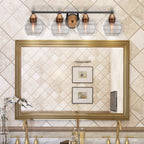 Paramount Four Light Bath Bar in Matte Black & Brass with 6" Clear Ribbed Shade