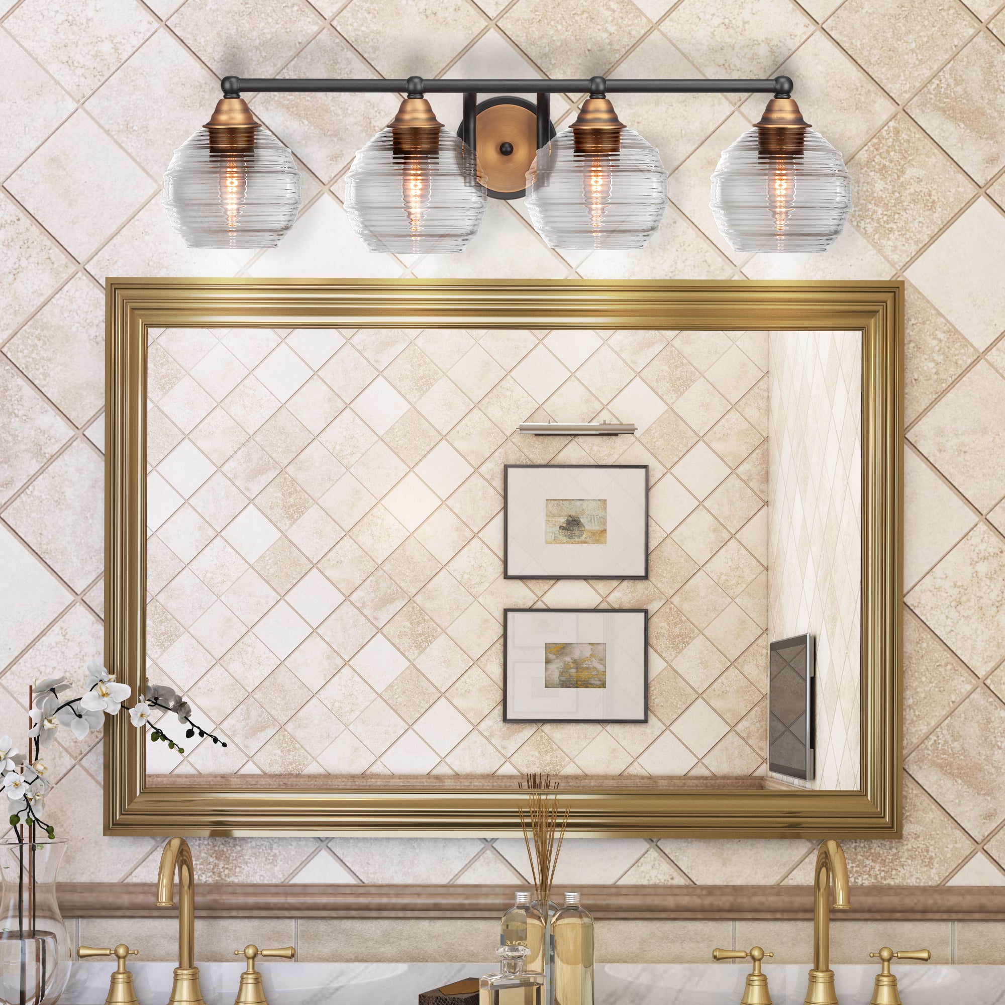 Paramount Four Light Bath Bar in Matte Black & Brass with 6" Clear Ribbed Shade