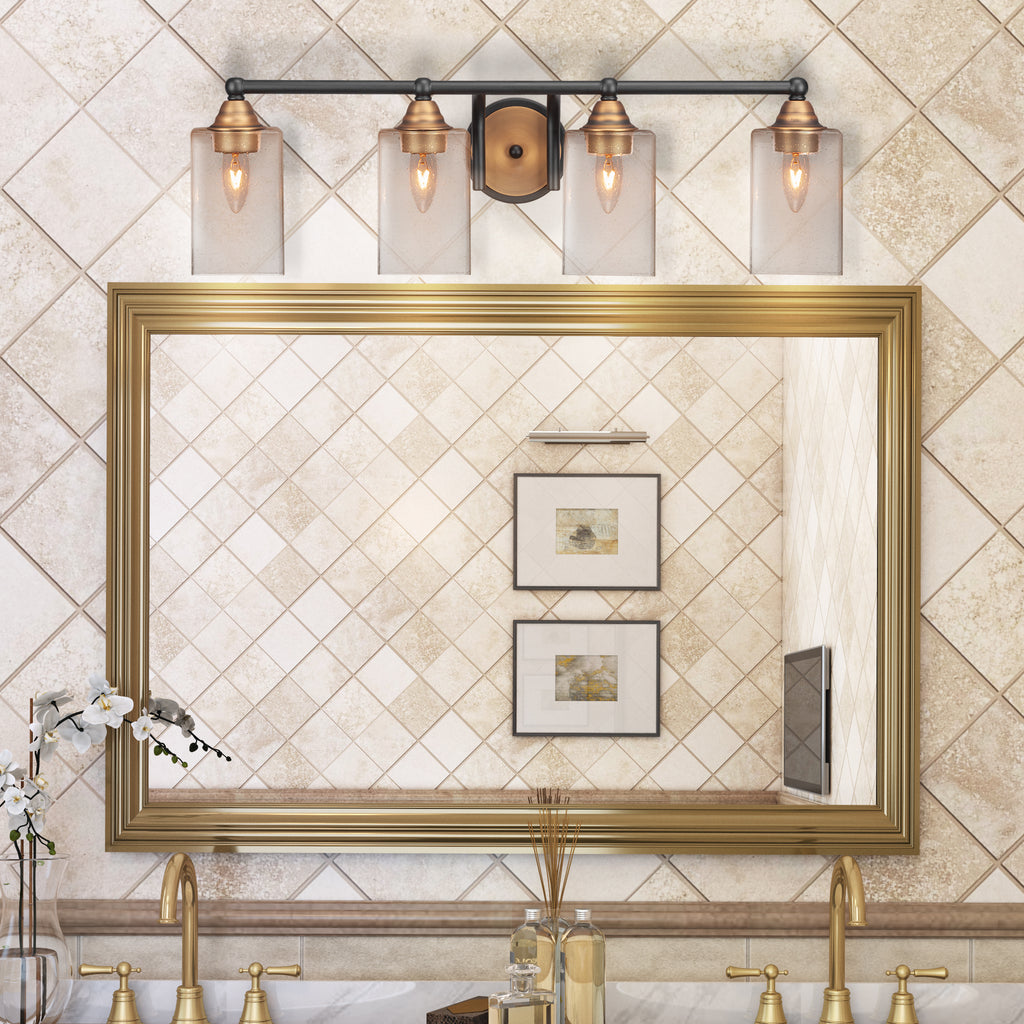 Paramount Four Light Bath Bar in Matte Black & Brass with 4" Square Clear Bubble Shade