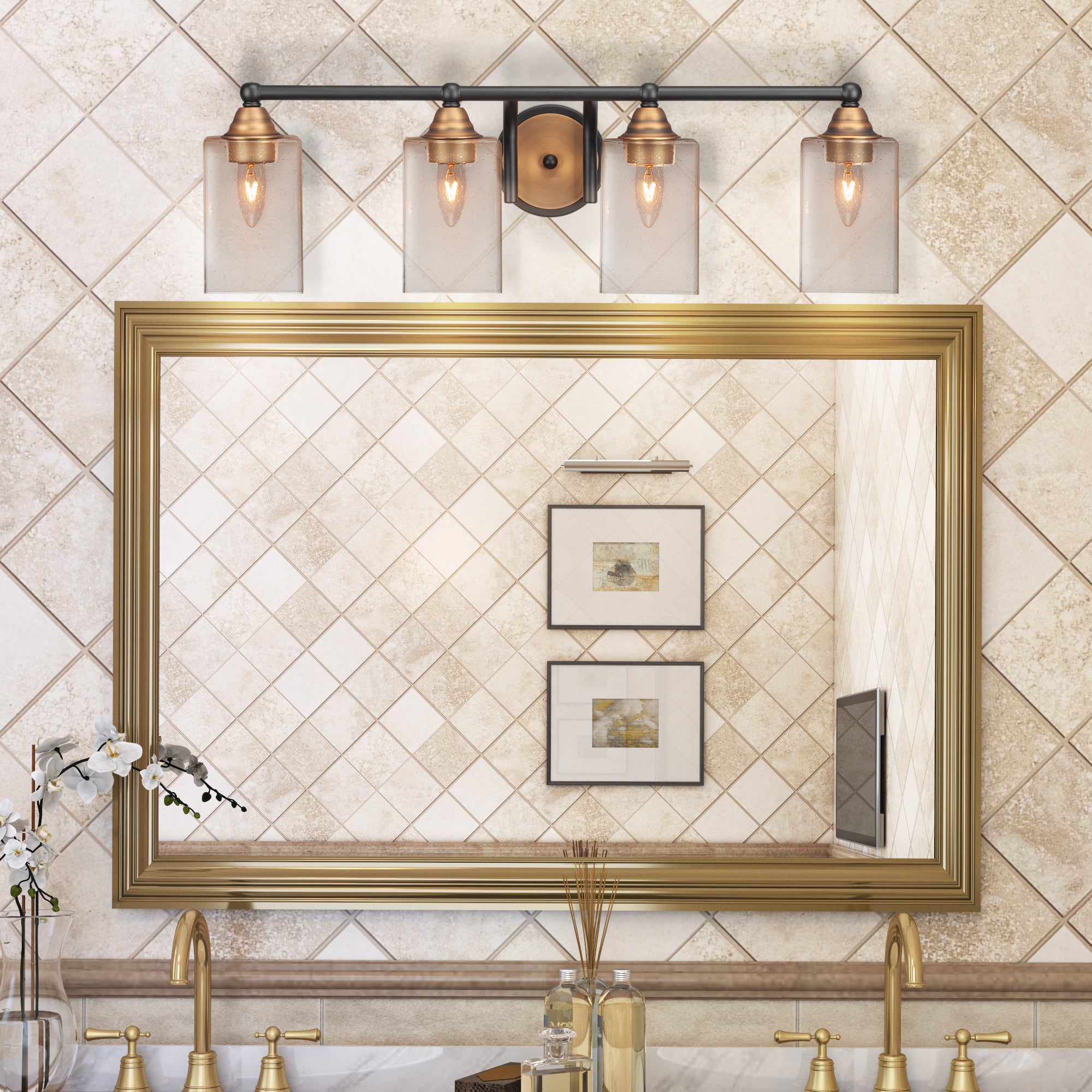 Paramount Four Light Bath Bar in Matte Black & Brass with 4" Square Clear Bubble Shade