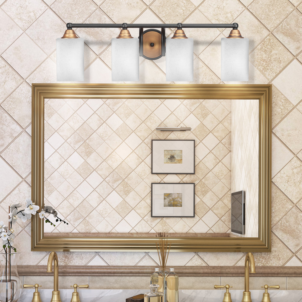 Paramount Four Light Bath Bar in Matte Black & Brass with 4" Square White Muslin Shade
