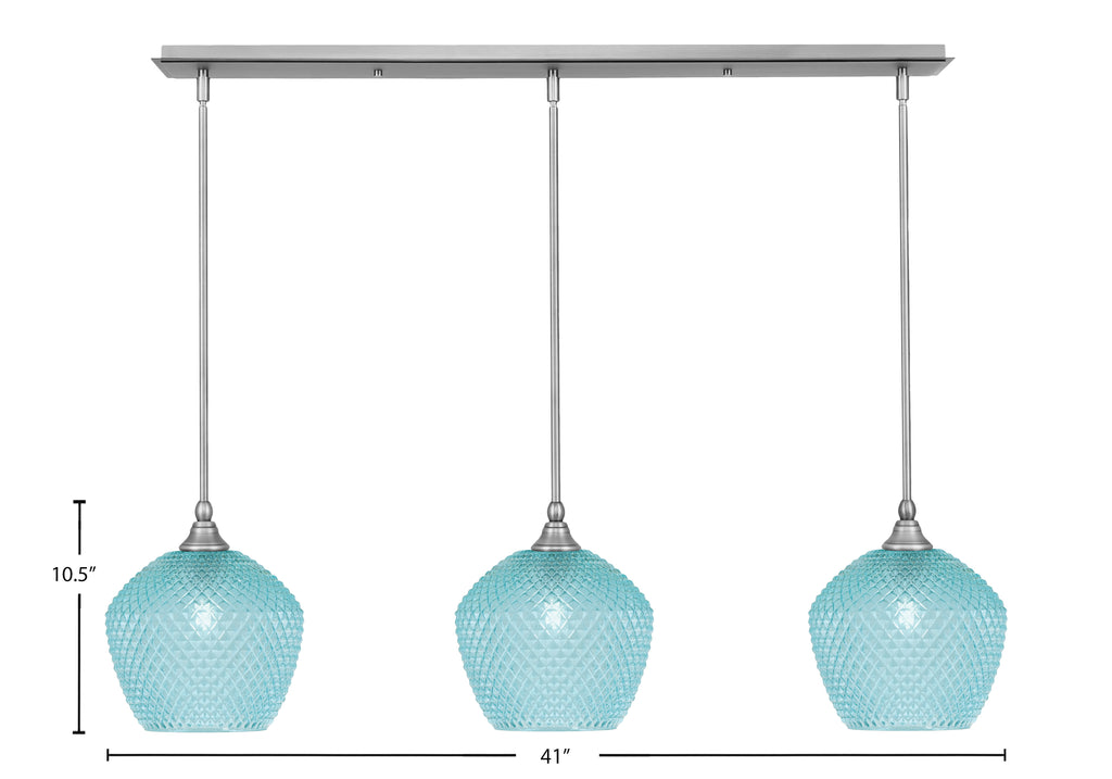 Stem Three Light Linear Pendalier in Brushed Nickel with Turquoise Textured Shade