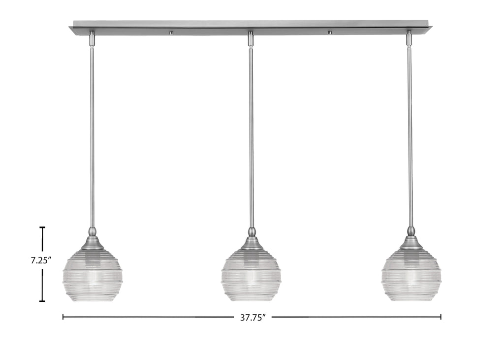 Stem Three Light Linear Pendalier in Brushed Nickel with Clear Ribbed Shade