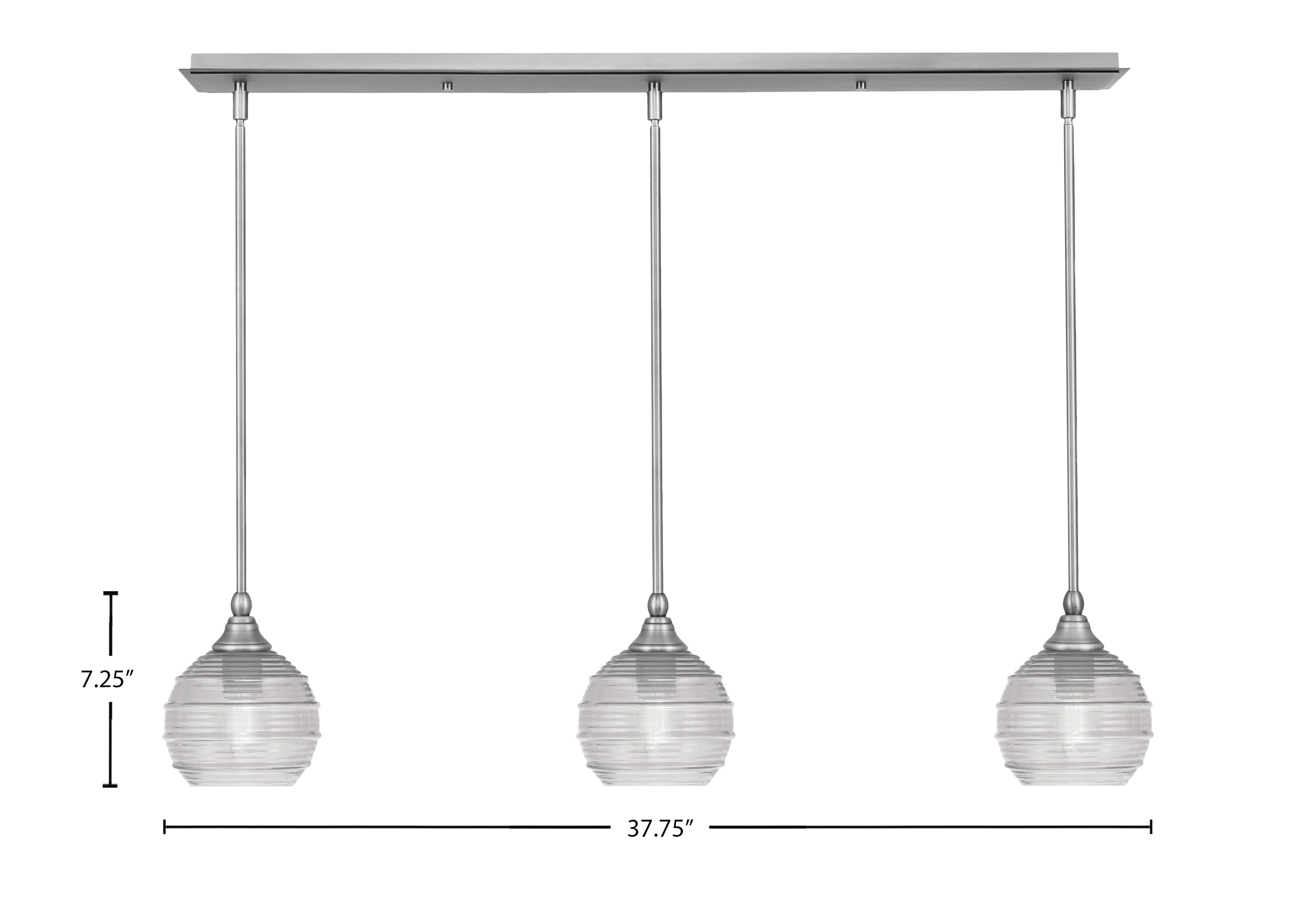 Stem Three Light Linear Pendalier in Brushed Nickel with Clear Ribbed Shade