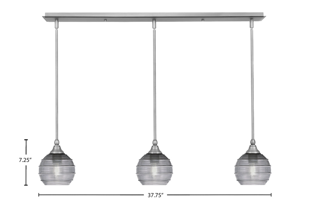 Stem Three Light Linear Pendalier in Brushed Nickel with Smoke Ribbed Shade