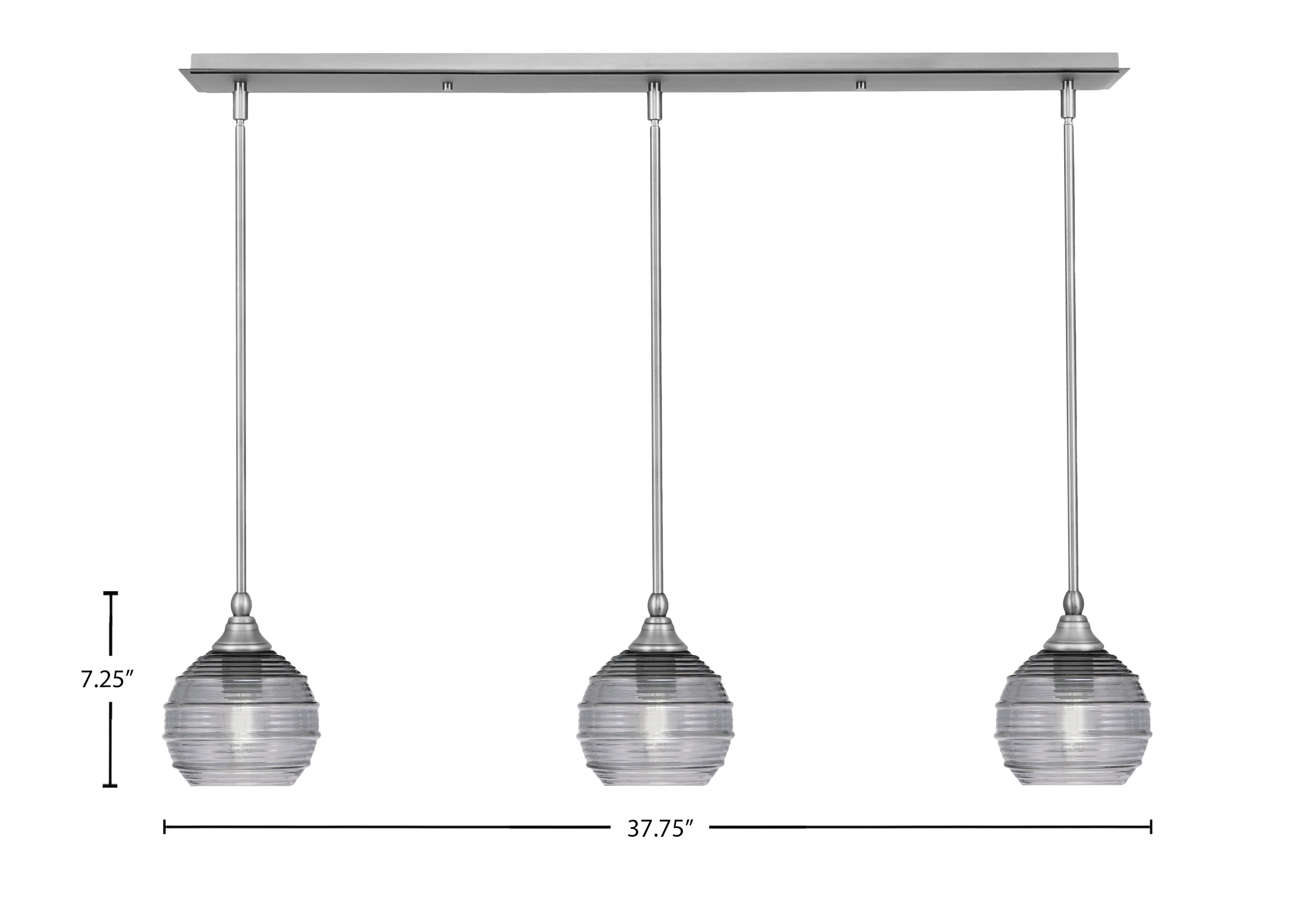 Stem Three Light Linear Pendalier in Brushed Nickel with Smoke Ribbed Shade