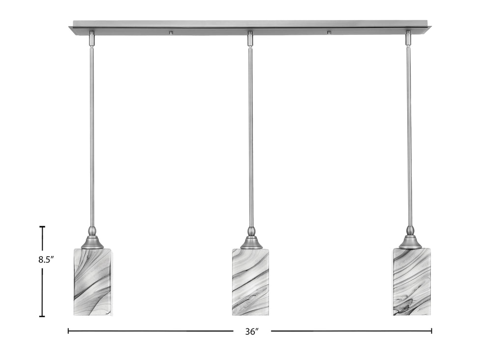 Stem Three Light Linear Pendalier in Brushed Nickel with Square Onyx Swirl Shade