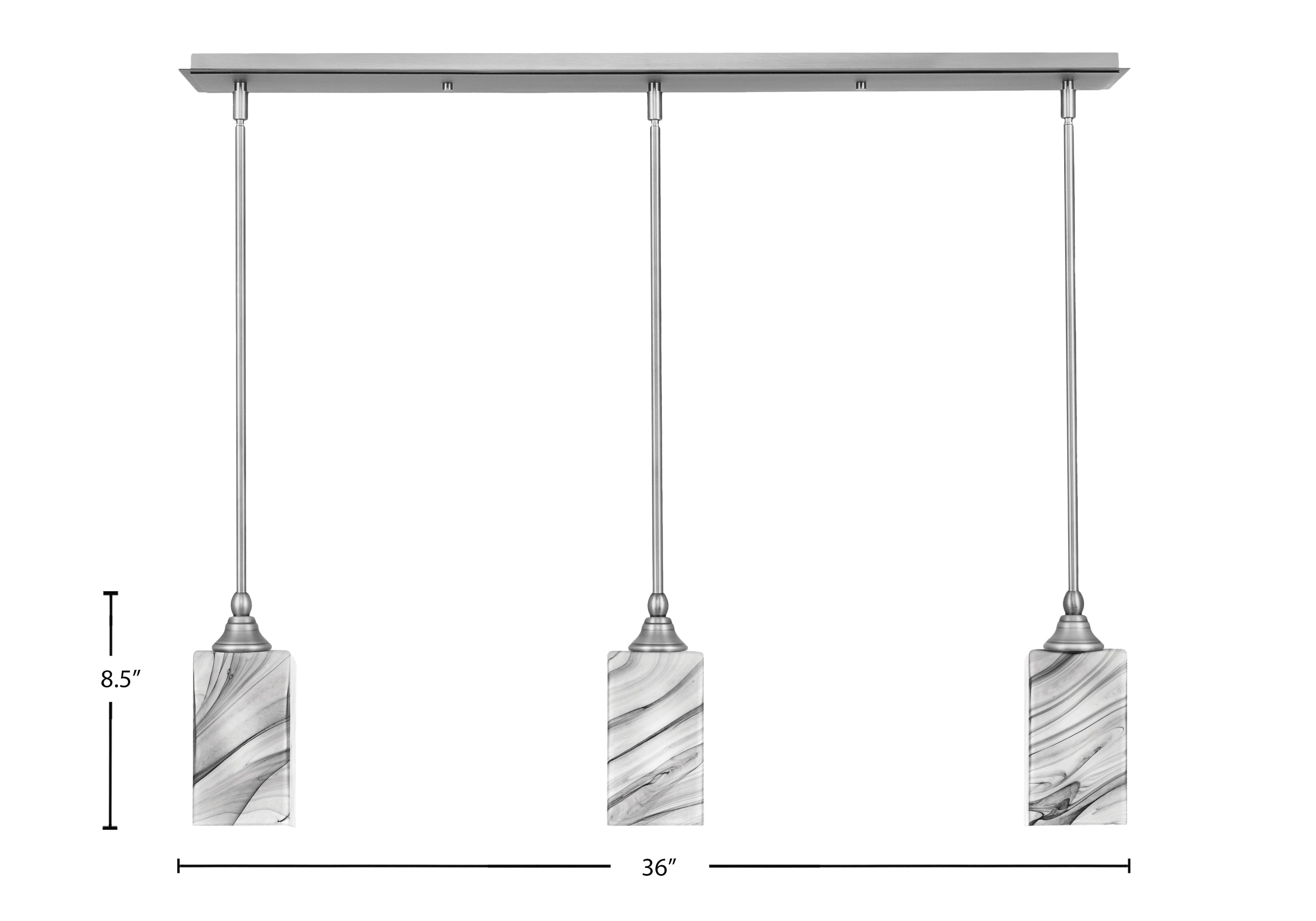 Stem Three Light Linear Pendalier in Brushed Nickel with Square Onyx Swirl Shade