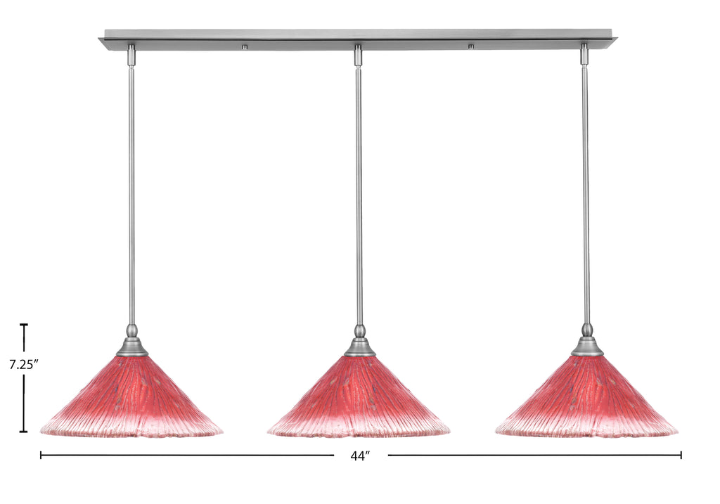 Any Three Light Linear Pendalier in Brushed Nickel with 12" Raspberry Crystal Shade