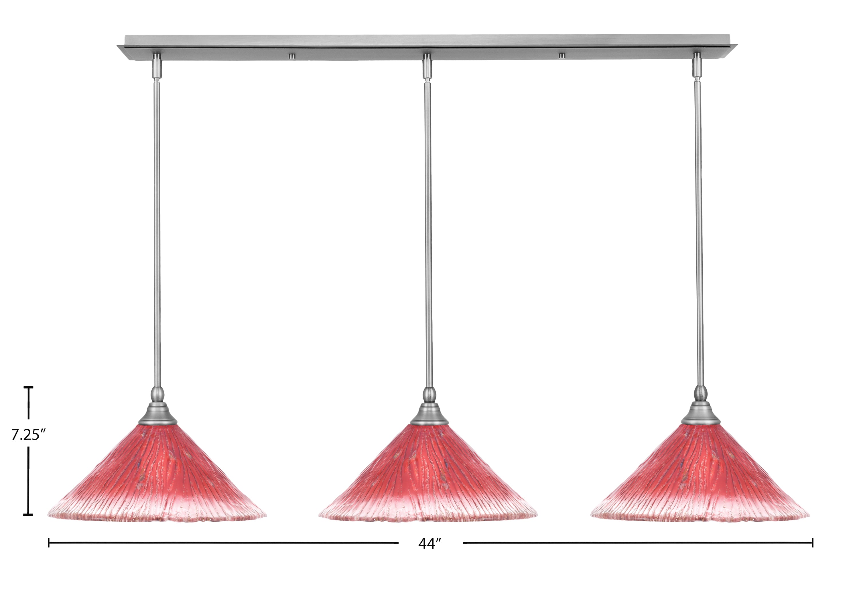 Any Three Light Linear Pendalier in Brushed Nickel with 12" Raspberry Crystal Shade