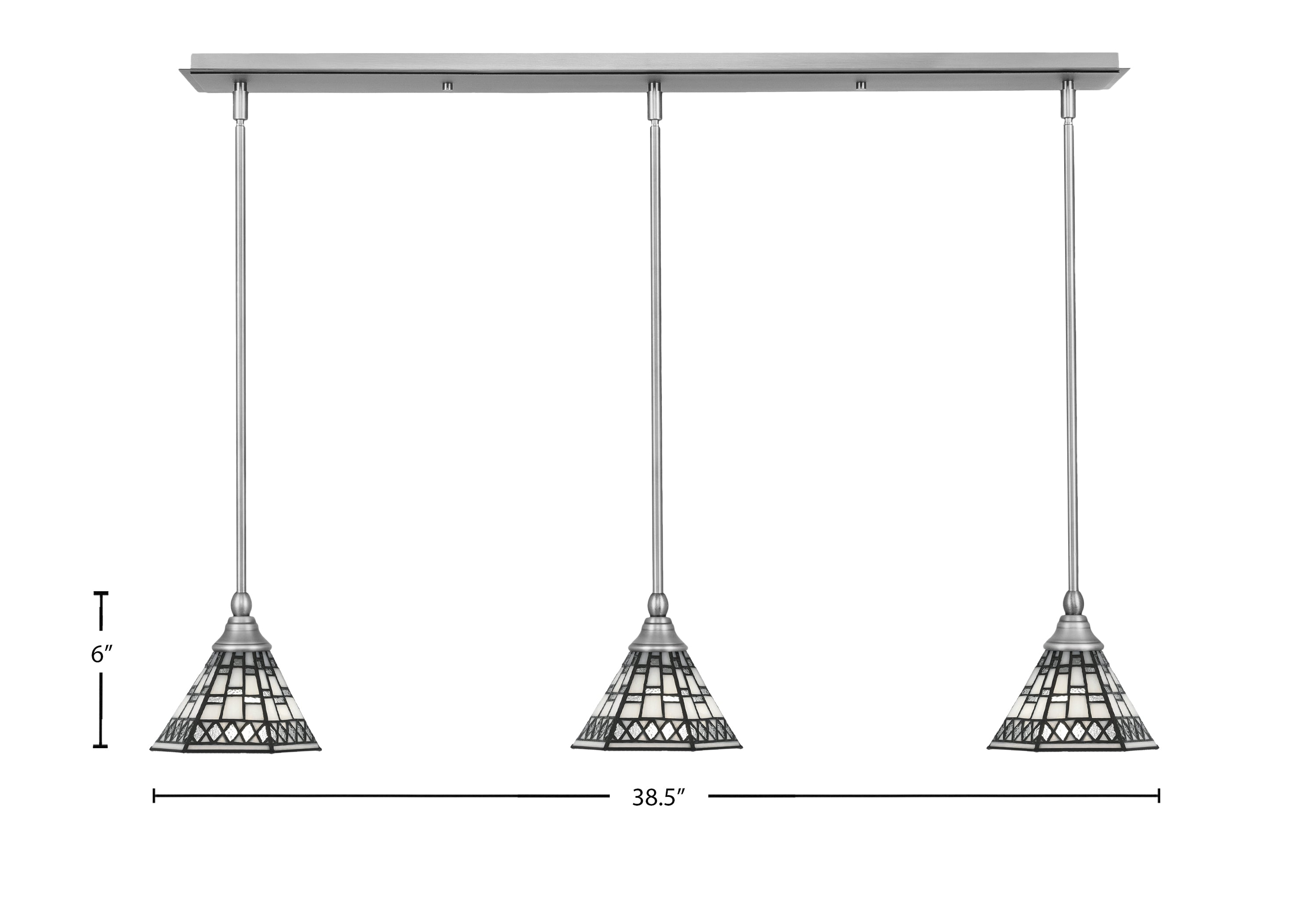 Any Three Light Linear Pendalier in Brushed Nickel with 7" Pewter Art Glass Shade