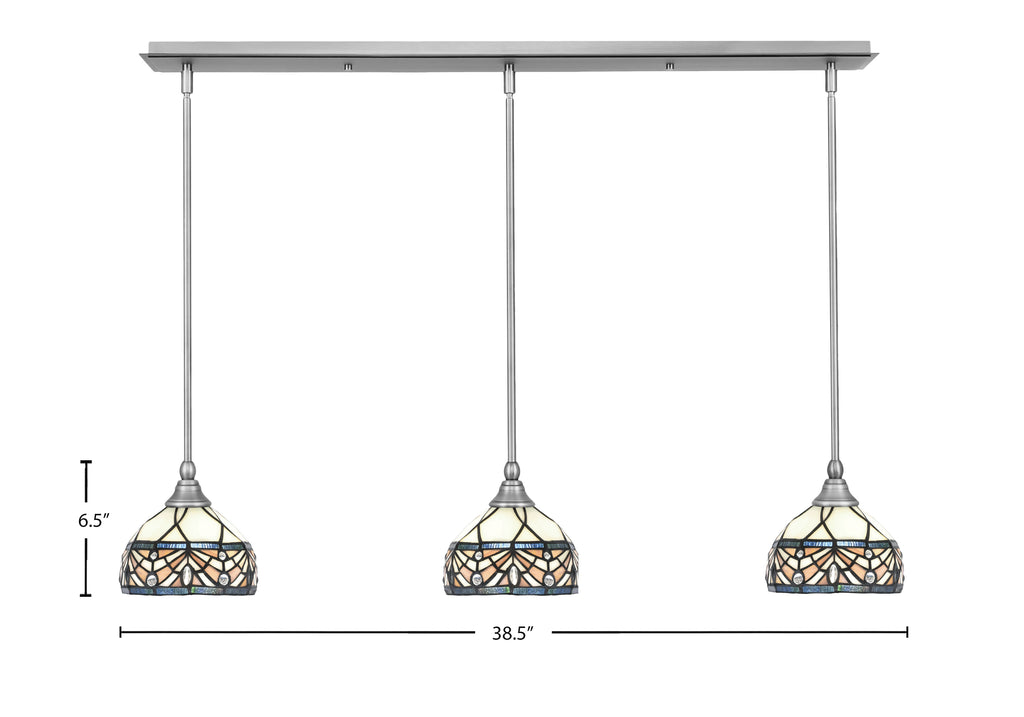 Any Three Light Linear Pendalier in Brushed Nickel with 7" Royal Merlot Art Glass Shade