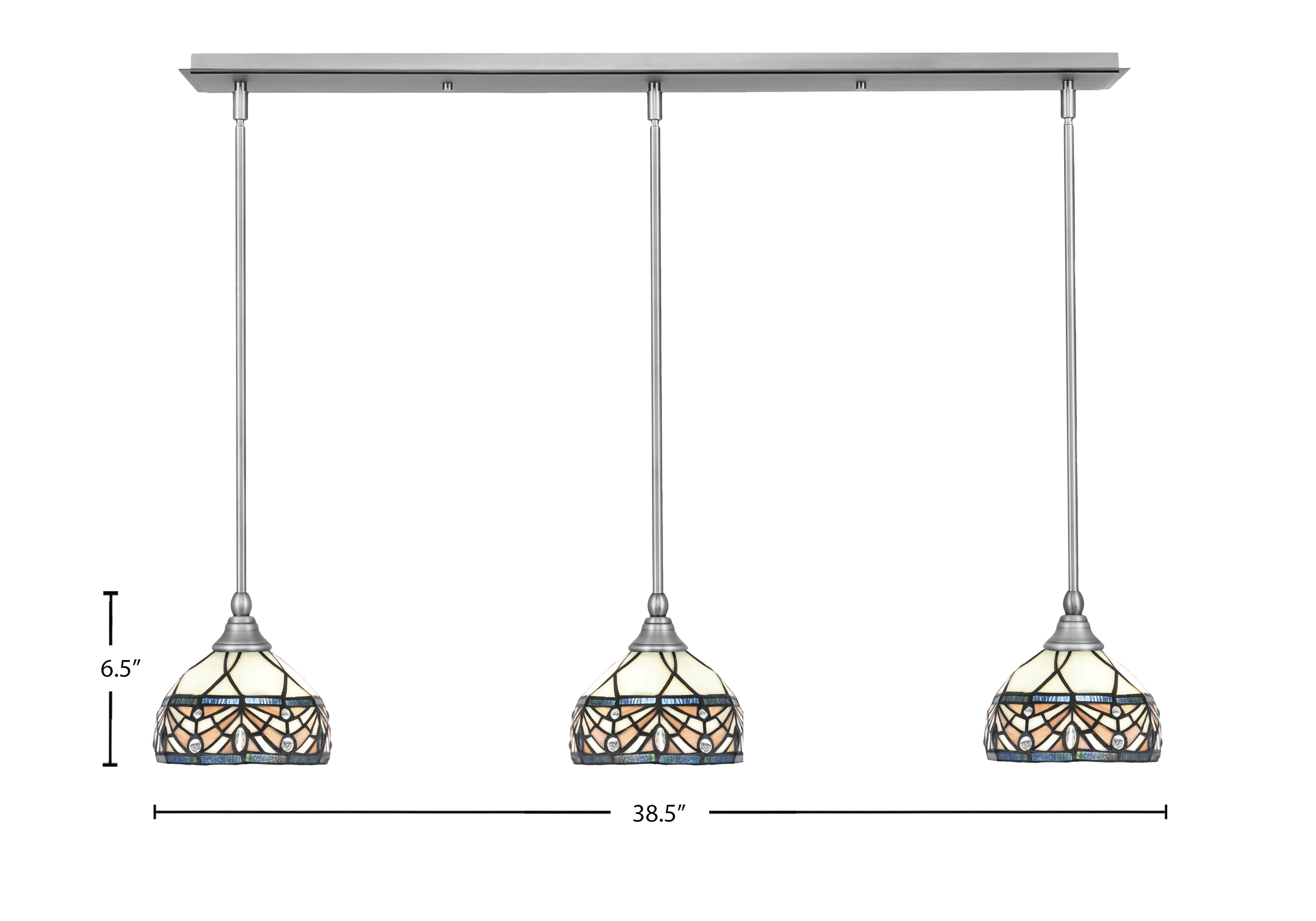 Any Three Light Linear Pendalier in Brushed Nickel with 7" Royal Merlot Art Glass Shade