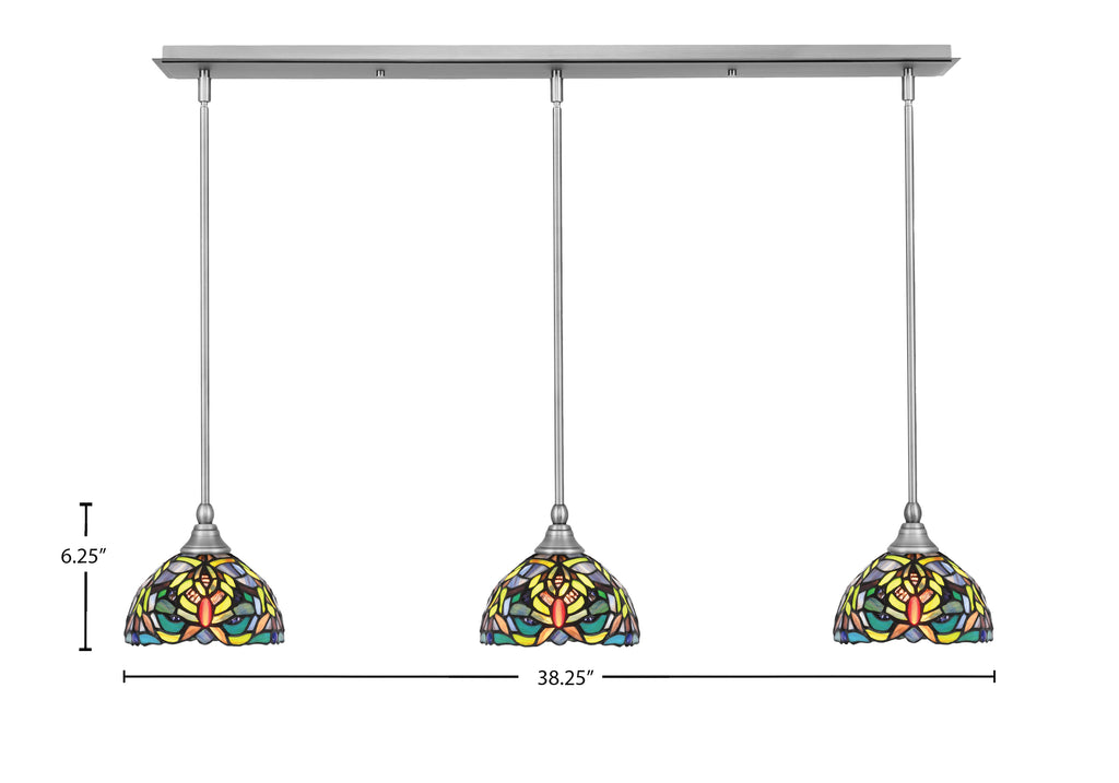 Any Three Light Linear Pendalier in Brushed Nickel with 7" Kaleidoscope Art Glass Shade