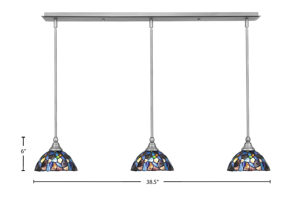 Any Three Light Linear Pendalier in Brushed Nickel with 7" Blue Mosaic Art Glass Shade