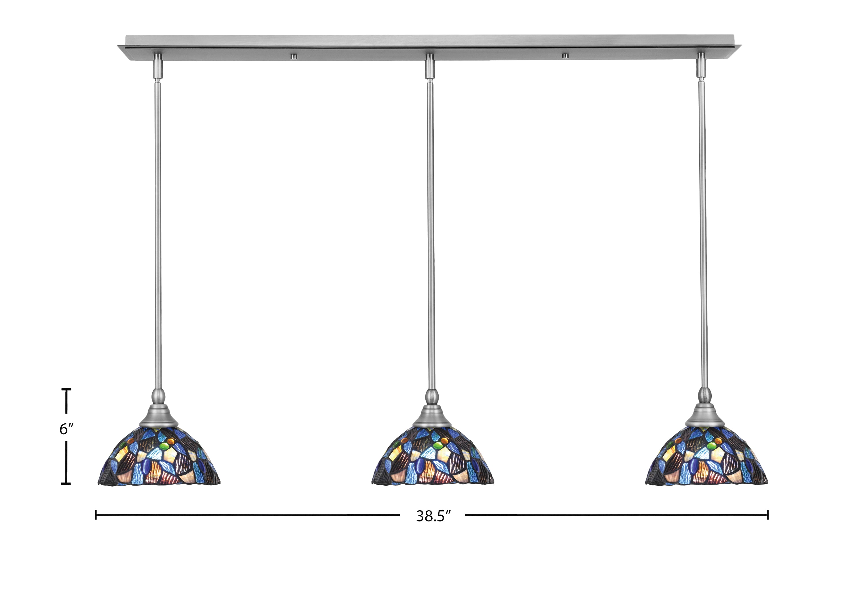 Any Three Light Linear Pendalier in Brushed Nickel with 7" Blue Mosaic Art Glass Shade