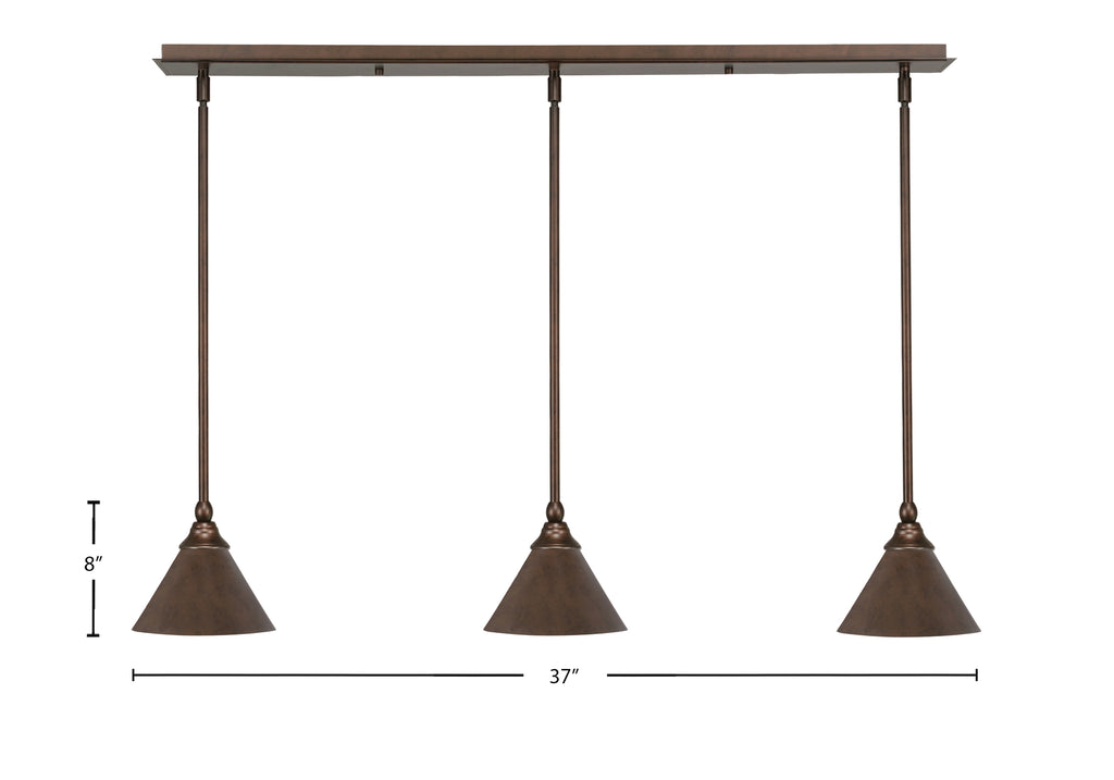 Any Three Light Linear Pendalier in Bronze with 7" Bronze Cone Metal Shade Shade