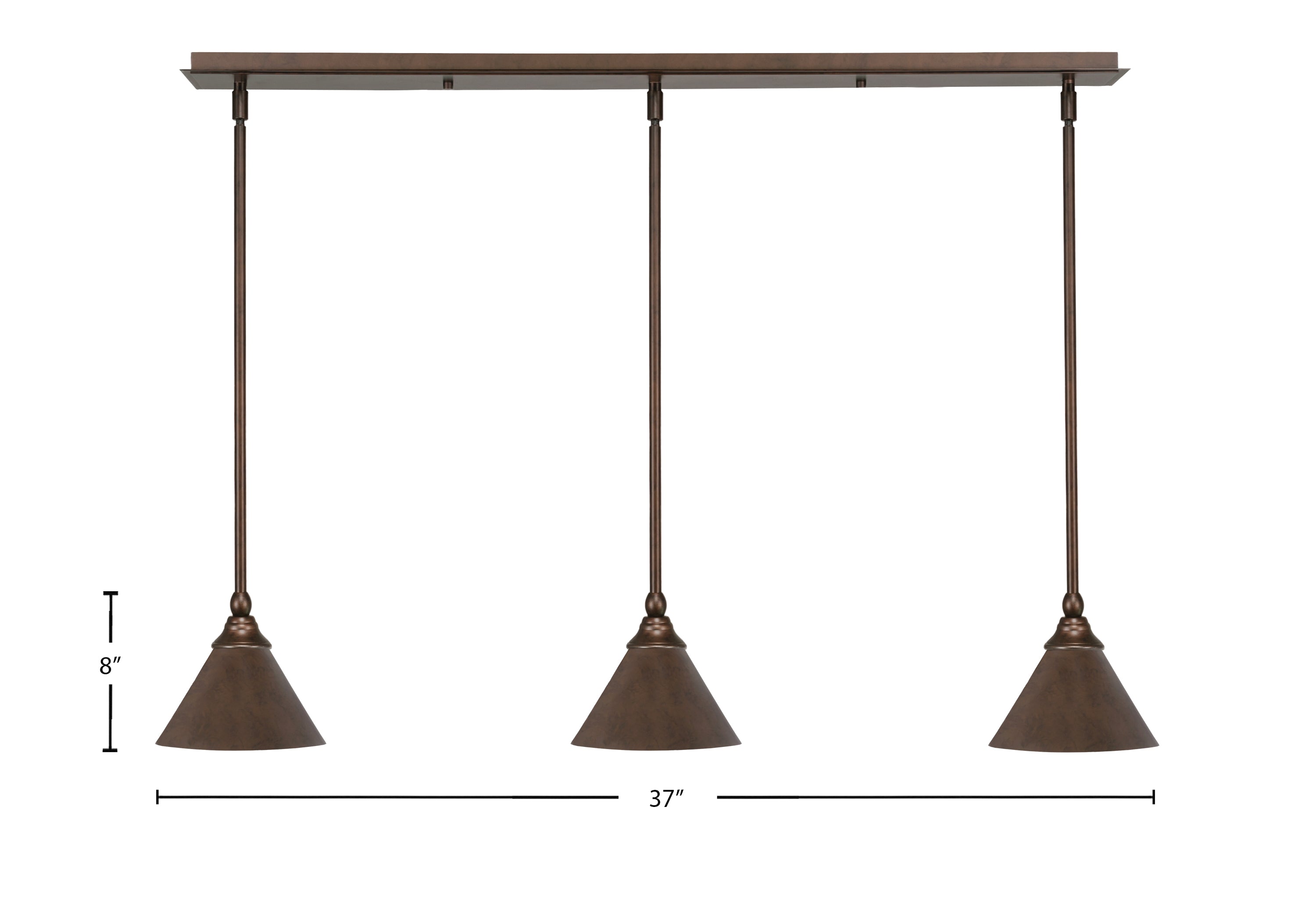 Any Three Light Linear Pendalier in Bronze with 7" Bronze Cone Metal Shade Shade