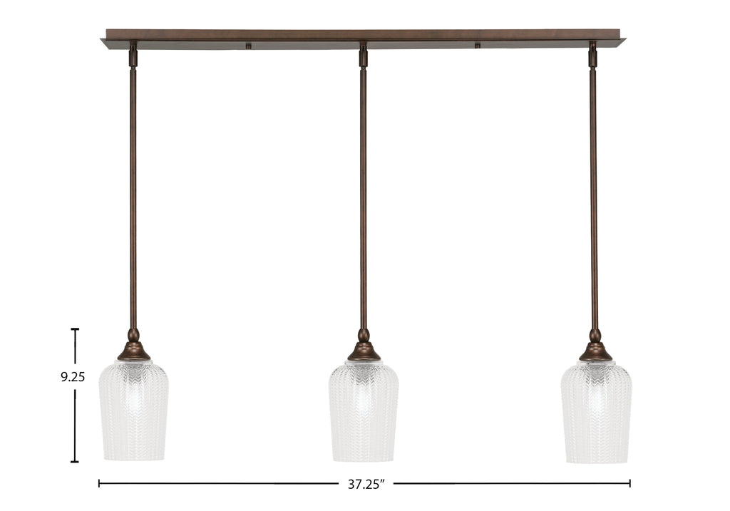 Stem Three Light Linear Pendalier in Bronze with Clear Textured Shade