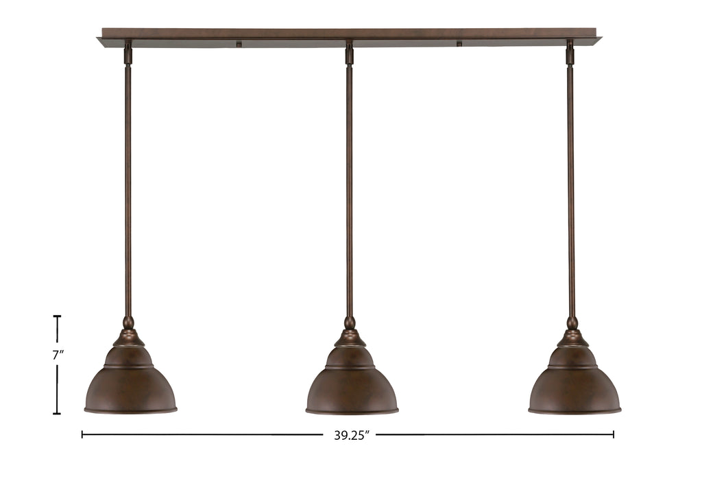 Any Three Light Linear Pendalier in Bronze with 7" Bronze Double Bubble Metal Shade Shade