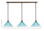 Any Three Light Linear Pendalier in Bronze with 12" Teal Crystal Shade