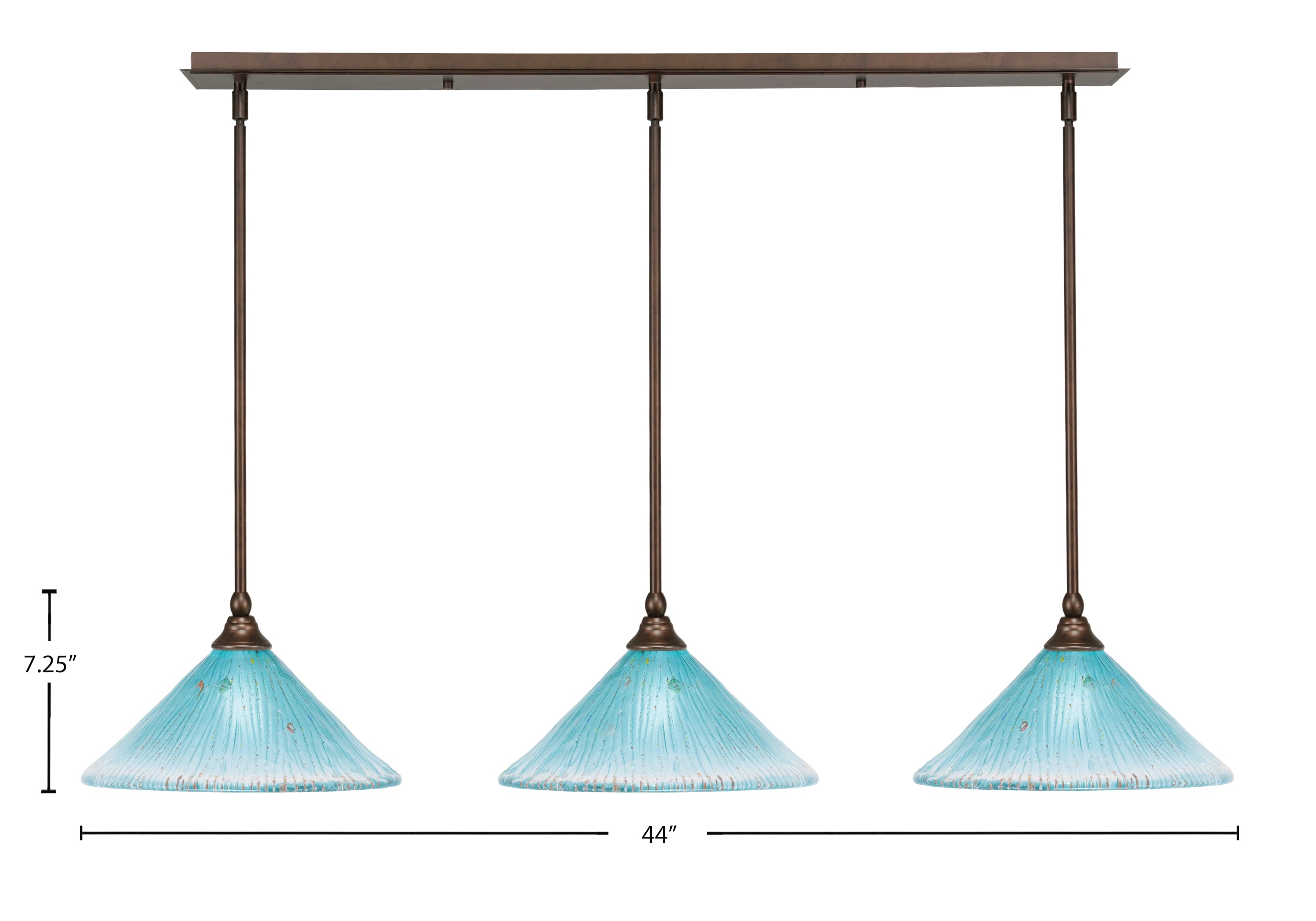 Any Three Light Linear Pendalier in Bronze with 12" Teal Crystal Shade