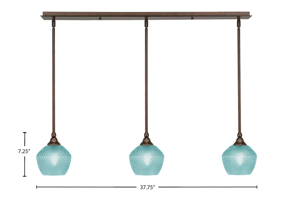 Stem Three Light Linear Pendalier in Bronze with Turquoise Textured Shade