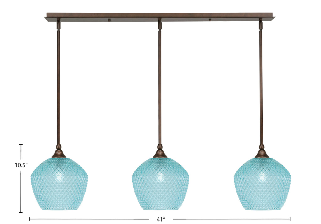 Stem Three Light Linear Pendalier in Bronze with Turquoise Textured Shade