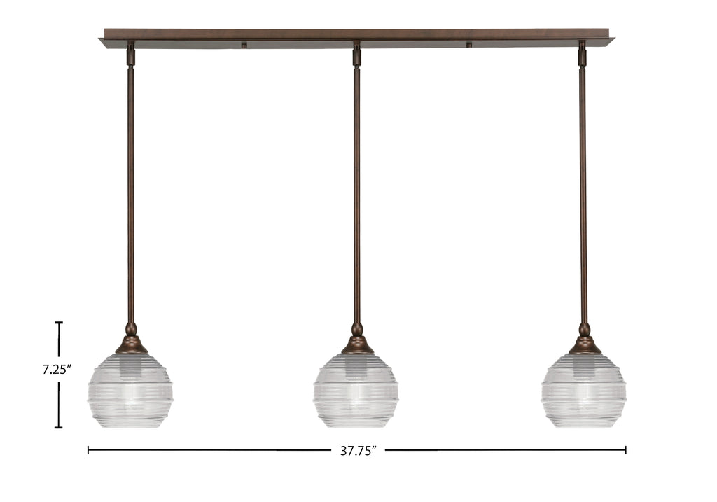 Stem Three Light Linear Pendalier in Bronze with Clear Ribbed Shade