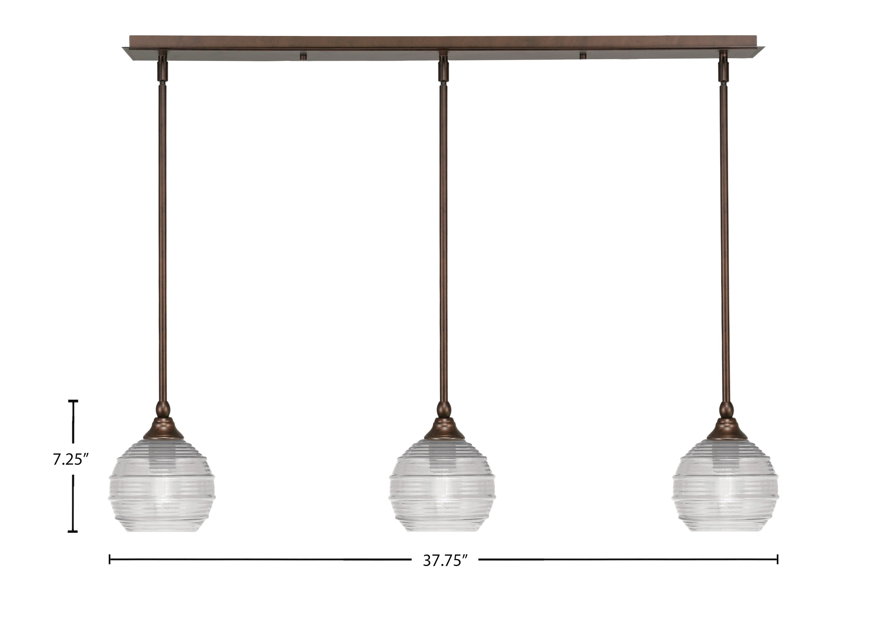 Stem Three Light Linear Pendalier in Bronze with Clear Ribbed Shade