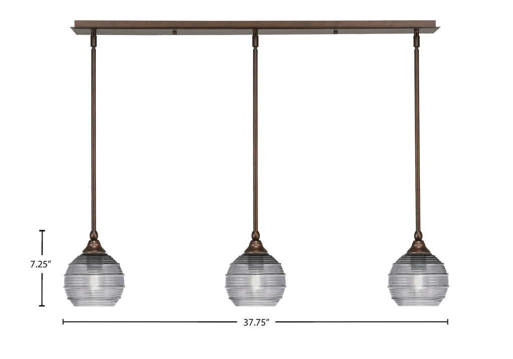 Stem Three Light Linear Pendalier in Bronze with Smoke Ribbed Shade