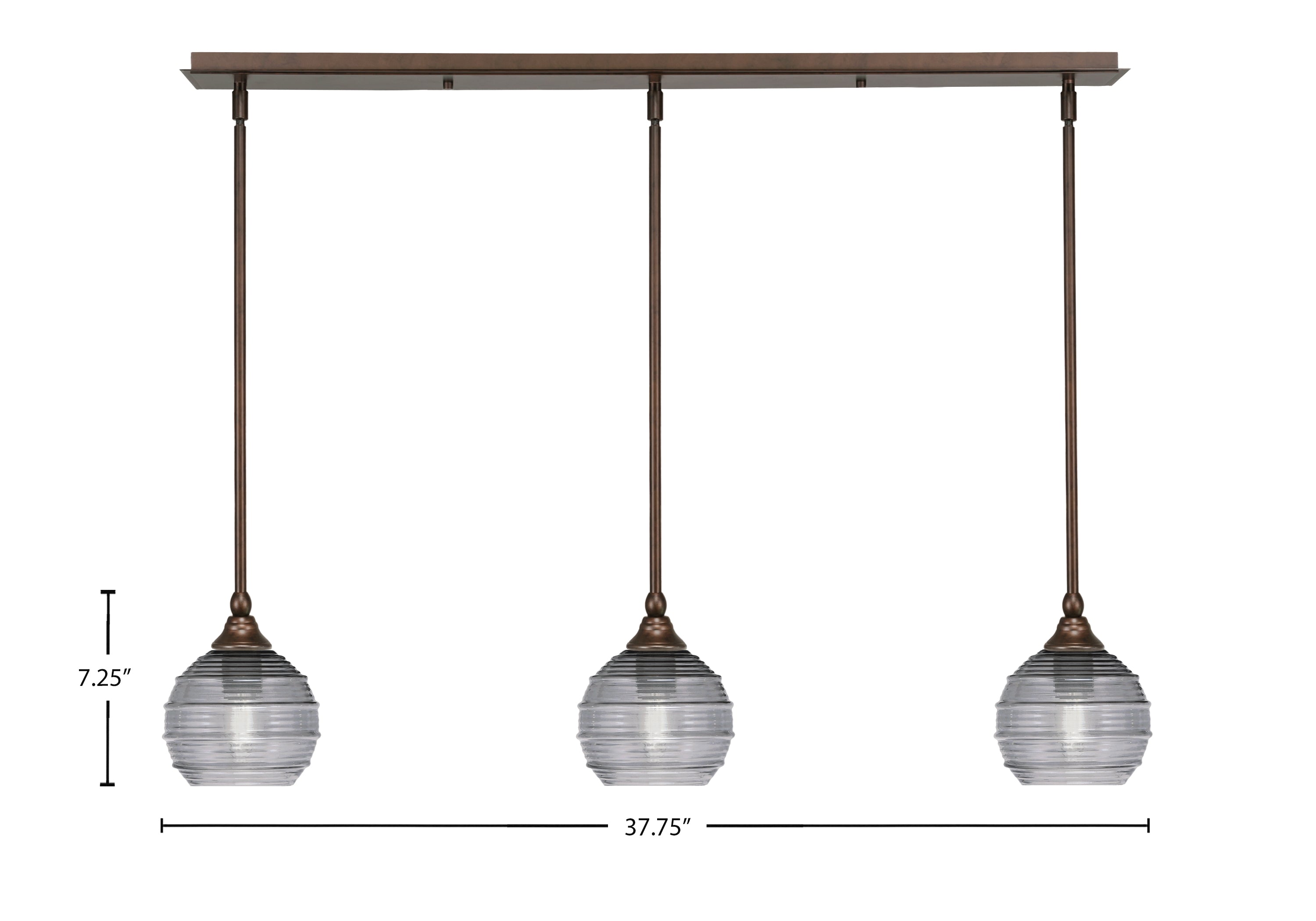 Stem Three Light Linear Pendalier in Bronze with Smoke Ribbed Shade