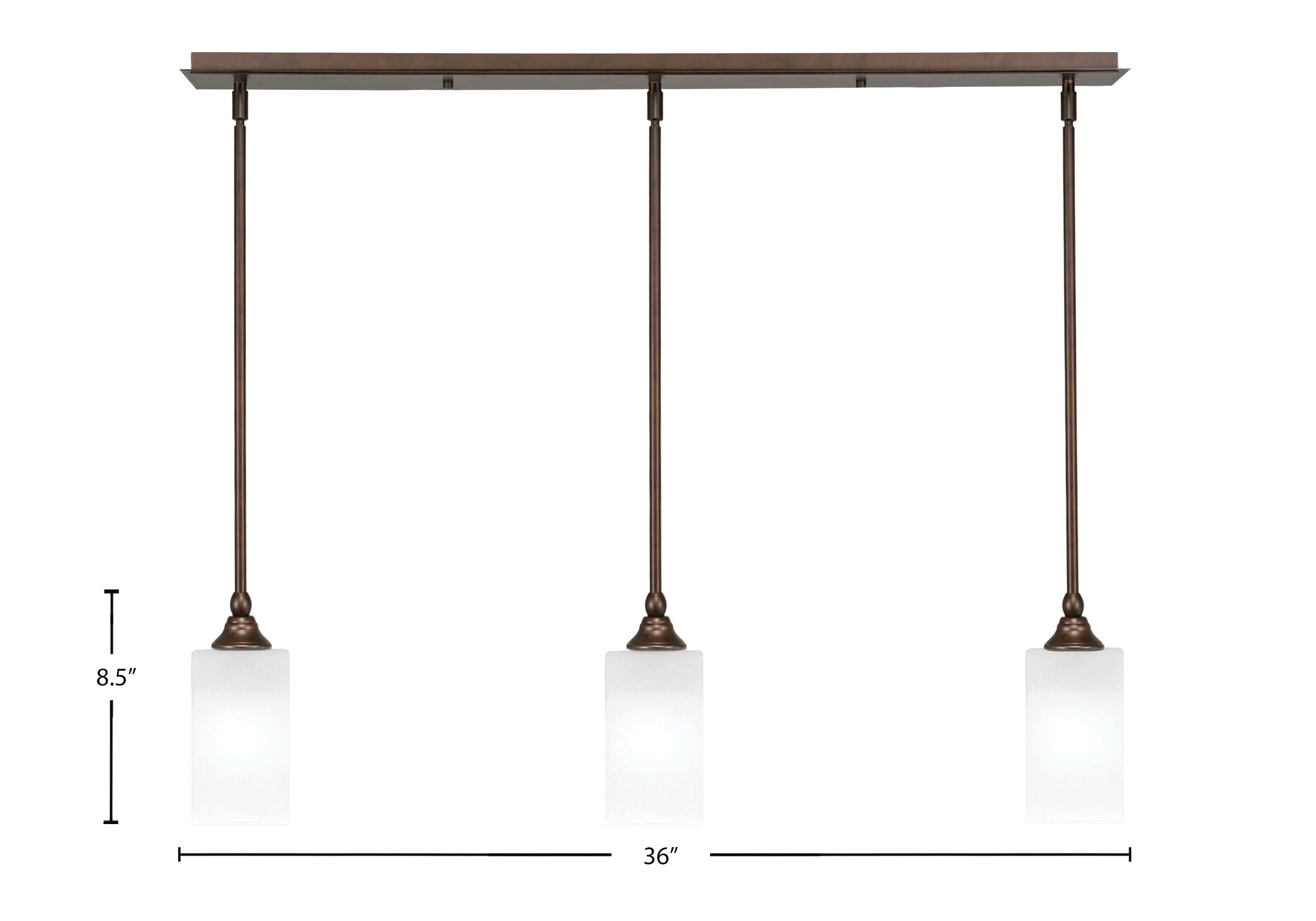 Stem Three Light Linear Pendalier in Bronze with Square White Marble Shade