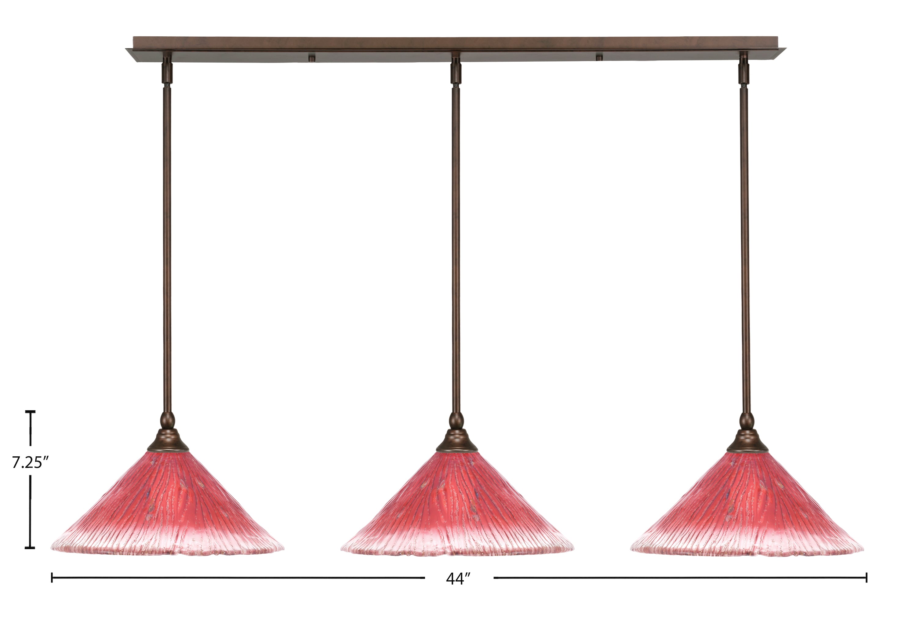Any Three Light Linear Pendalier in Bronze with 12" Raspberry Crystal Shade
