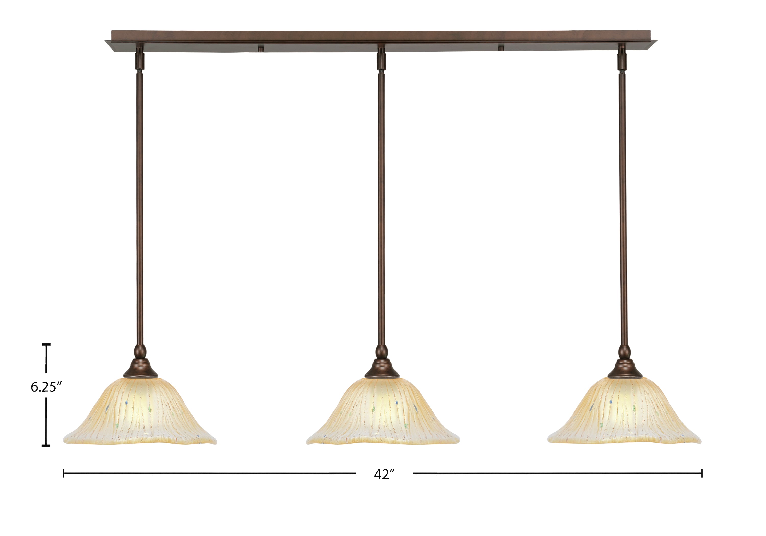 Any Three Light Linear Pendalier in Bronze with 10" Amber Crystal Shade